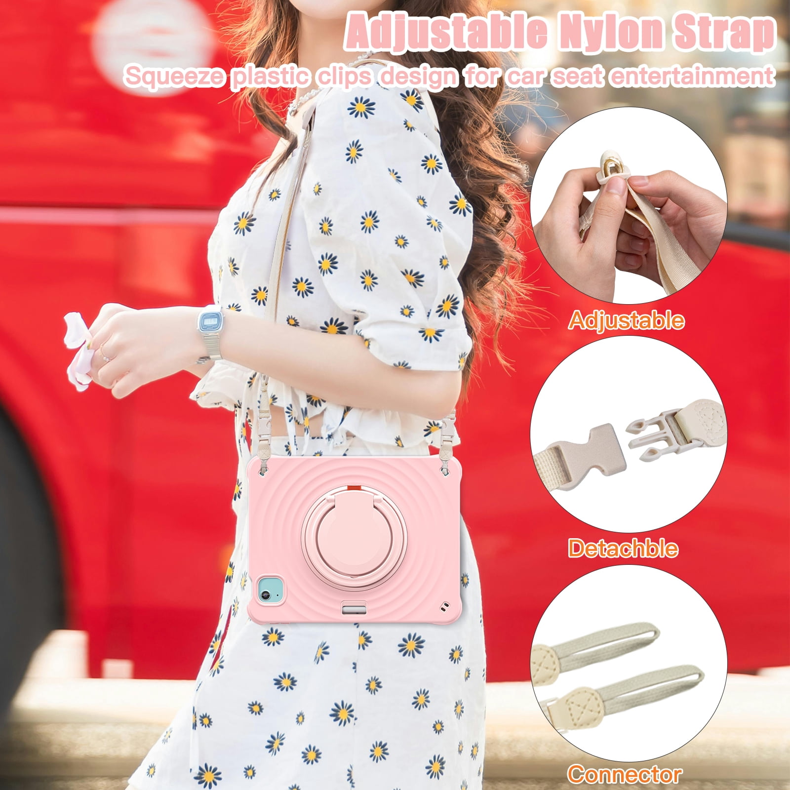 ELEHOLD Case for Apple iPad Air 11 (2024), Portable Hybrid Shockproof iPad Case with Pencil Holder & Hanging Ring Handle Rotatable Kickstand,Pink