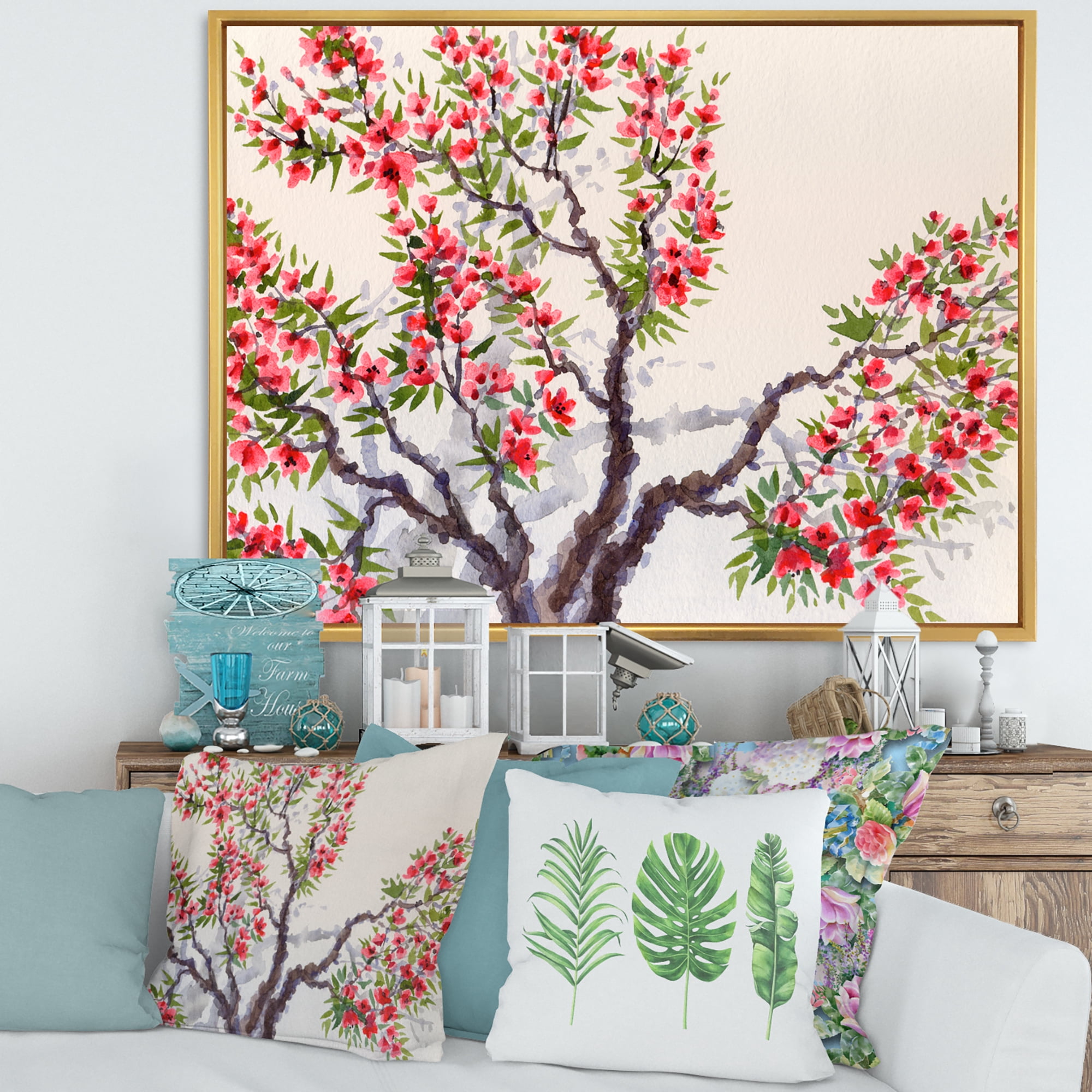 Designart 'Red Flowers On The Spring Blossoming Tree II' Traditional Framed Canvas Wall Art Print