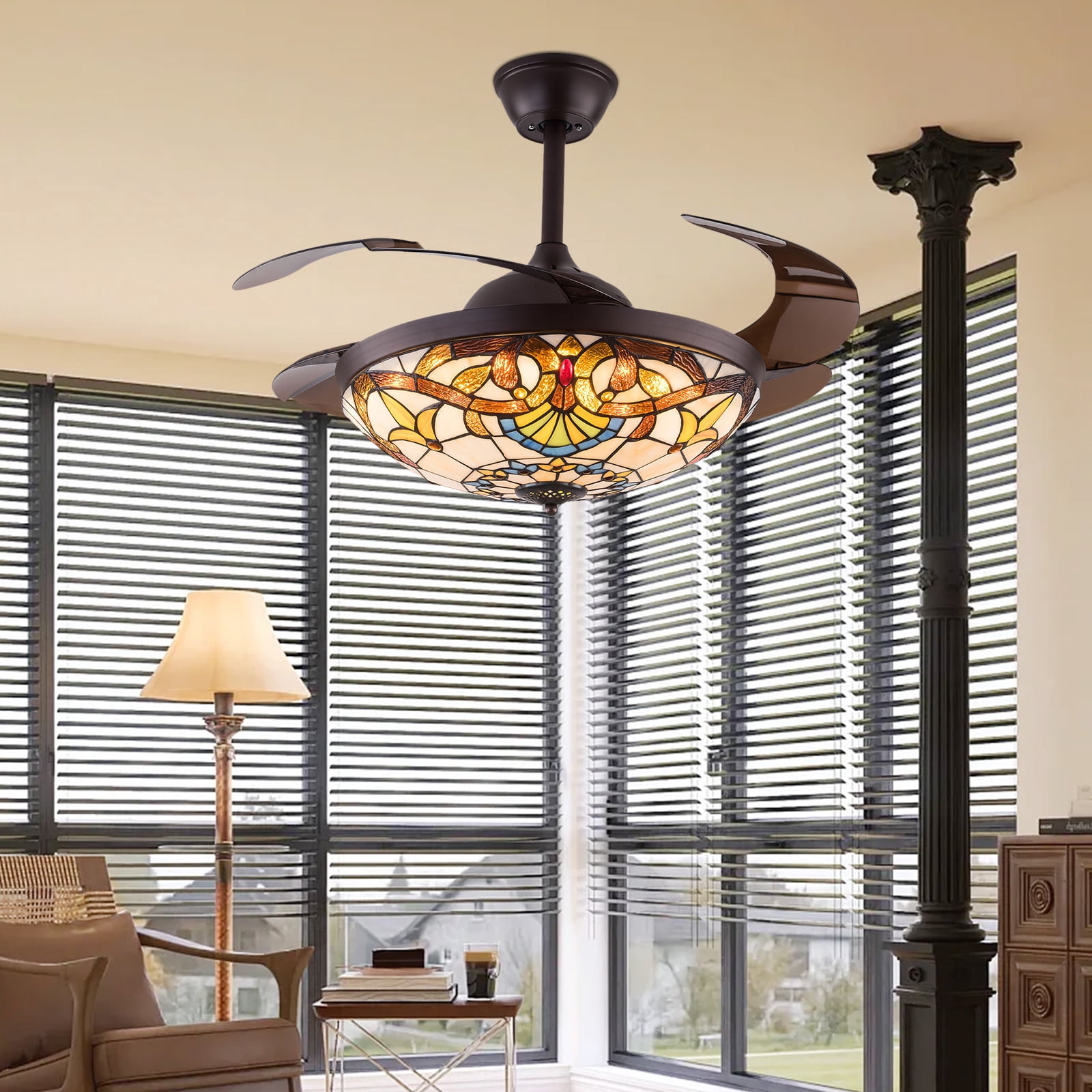 4 Blades Remote Control Ceiling Fan Light Indoor Tiffany Style Chandelier Fan Lamp W/Remote Fandelier