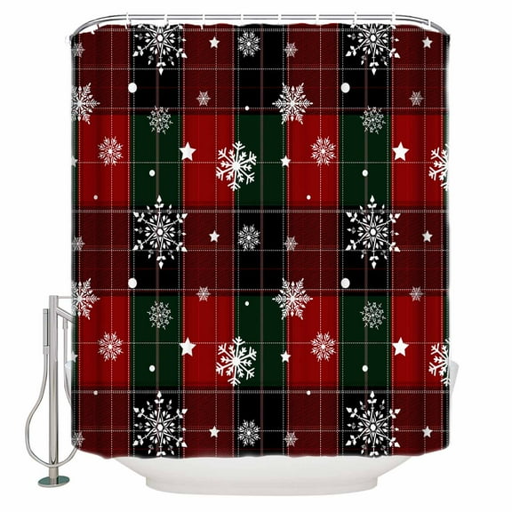 Christmas Red Green Classic Buffalo Plaid Snowflake Pattern Shower Curtain, 72" x 72", Waterproof Bathroom Curtain Washable Shower Curtain Set with 12 Hooks