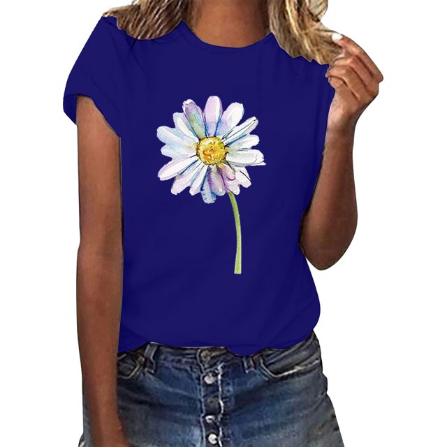 Hauts d'Été pour Femmes, Blouses Décontractées Élégantes 2024, T-Shirts à Manches Courtes Imprimés, Col Rond, Ample, Bleu