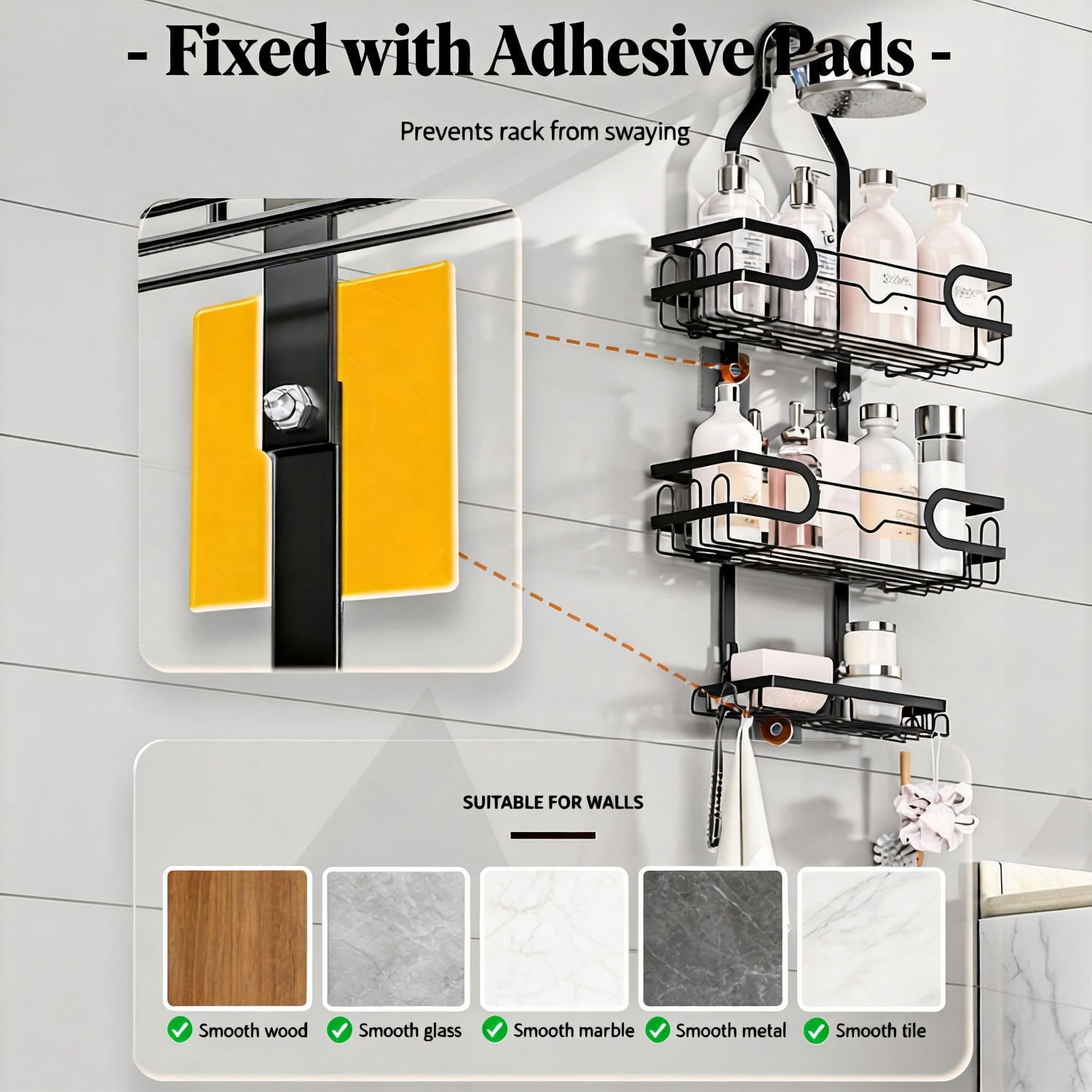 Charcrocsm Shower Caddy, Rustproof Aluminum Bathroom Shelf Rack, Large Shampoo & Soap Holder for Corner or Over-The-Showerhead Installation