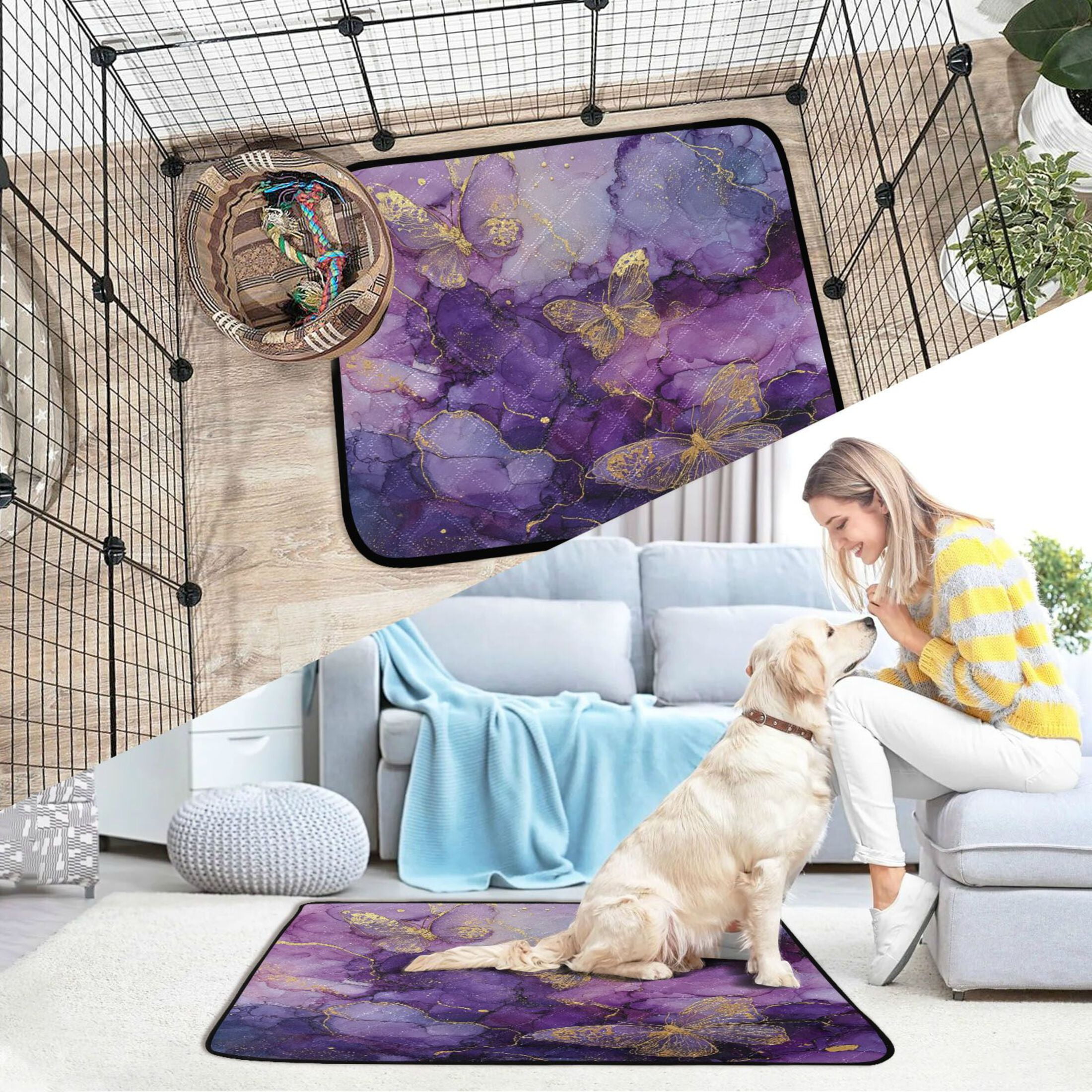 Qxltty Gold Trimmed Butterfly Cat litter Pads Pet Set of 3 Diaper Mats Center Anti-leakage Layer Absorbent Soft and Comfortable