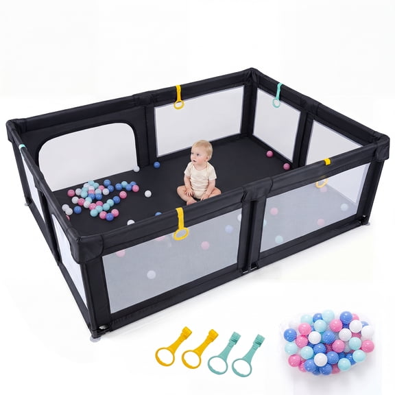 Costway Portable Baby Playpen, Large Baby Play Yard with 50 Ocean Balls, 4 Pull Rings Black