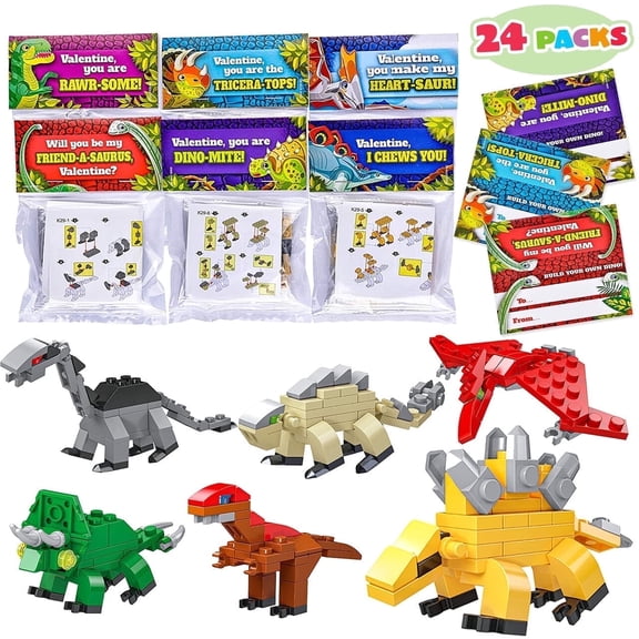 Joyfy 24 Packs Valentines Day Card for Kids with Dinosaur Building Blocks, Valentines Cards for School Class Kids Boys Exchange Gifts, Party Favor Greeting Cards