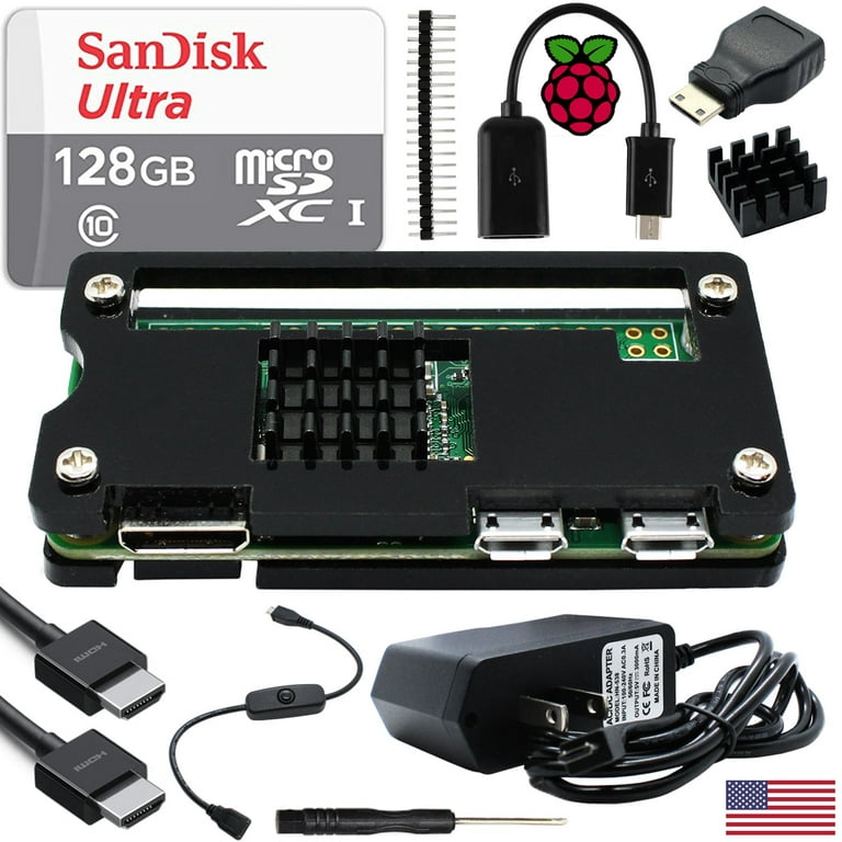 Essential Kit for Raspberry Pi Zero 2 W, 128GB Ultra Preloaded Card, Protective Case, Power Supply, On/Off Switch Cable, 20Pin GPIO Header, Heatsink