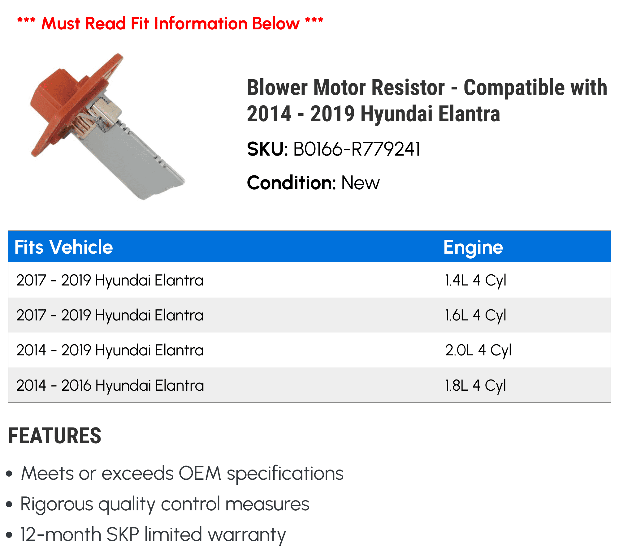 Blower Motor Resistor - Compatible with 2014 - 2019 Hyundai Elantra 2015 2016 2017 2018