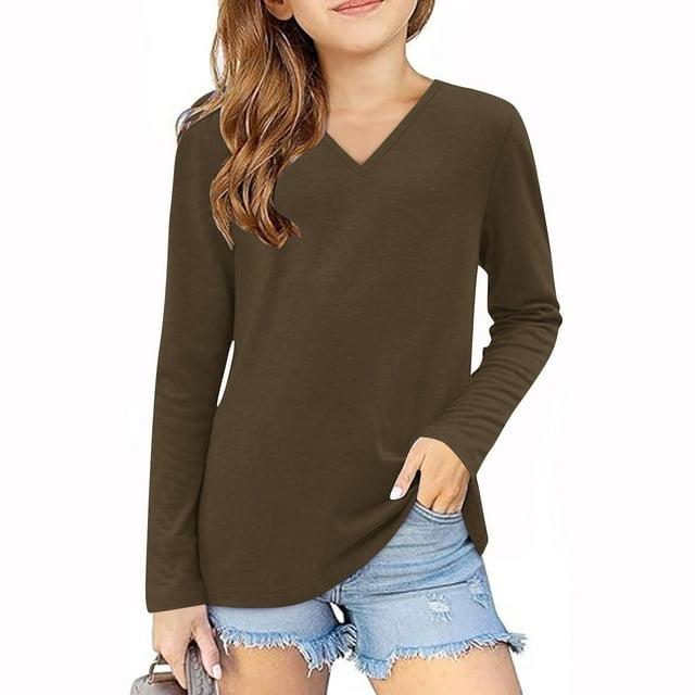 Besolor Toddler Boys Girls Long Sleeve T-Shirts Kids V Neck Solid Color Color Basic Tops Fall Spring Outfit Blouse