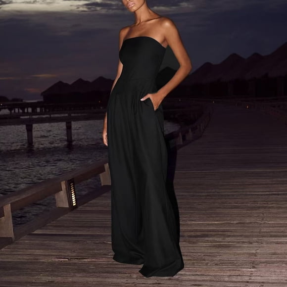 Pisexur Women's Pants,Pants for Women'S Summer Women'S Pocket Figure-Hugging Strapless Solid Color Long Jumpsuit Black,2XL