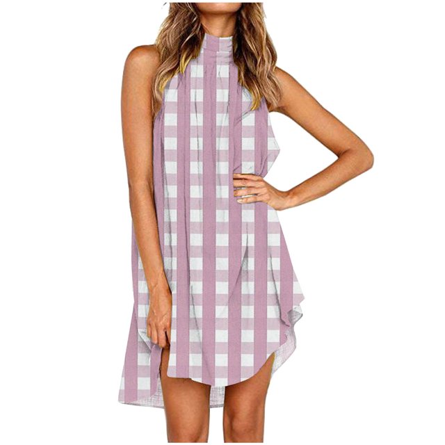 FcBaudy Robe Cheville Sans Manches à Col Rond, Robes pour Femmes, Robes d'Été pour Femmes Robe à Rayures à Pois pour Femme Robe Sans Manches à Col Rond Longueur Genou Robe Femme