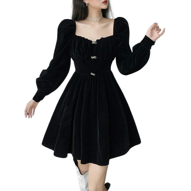 Vestido Para NinAs Color SoLido Cuello Cuadrado Puff Manga Larga Delgado Fruncido Vestido De Noche XBTCLXEBCO Negro L Walmart en linea