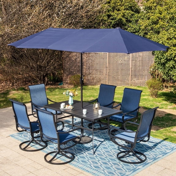 SUMMIT LIVING 8-Piece Outdoor Patio Dining Set with 13ft Navy Blue Patio Umbrella, 6 Textilene Outdoor Swivel Chairs & 1 Large Metal Rectangle Table, Blue & Black