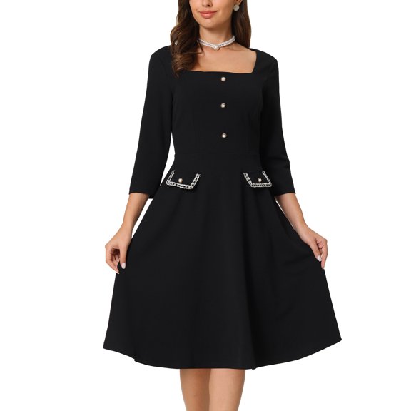 INSPIRE CHIC Women's A-Line Dress Half Sleeve Button Decor Square Neck Wear to Workes Black 2XL