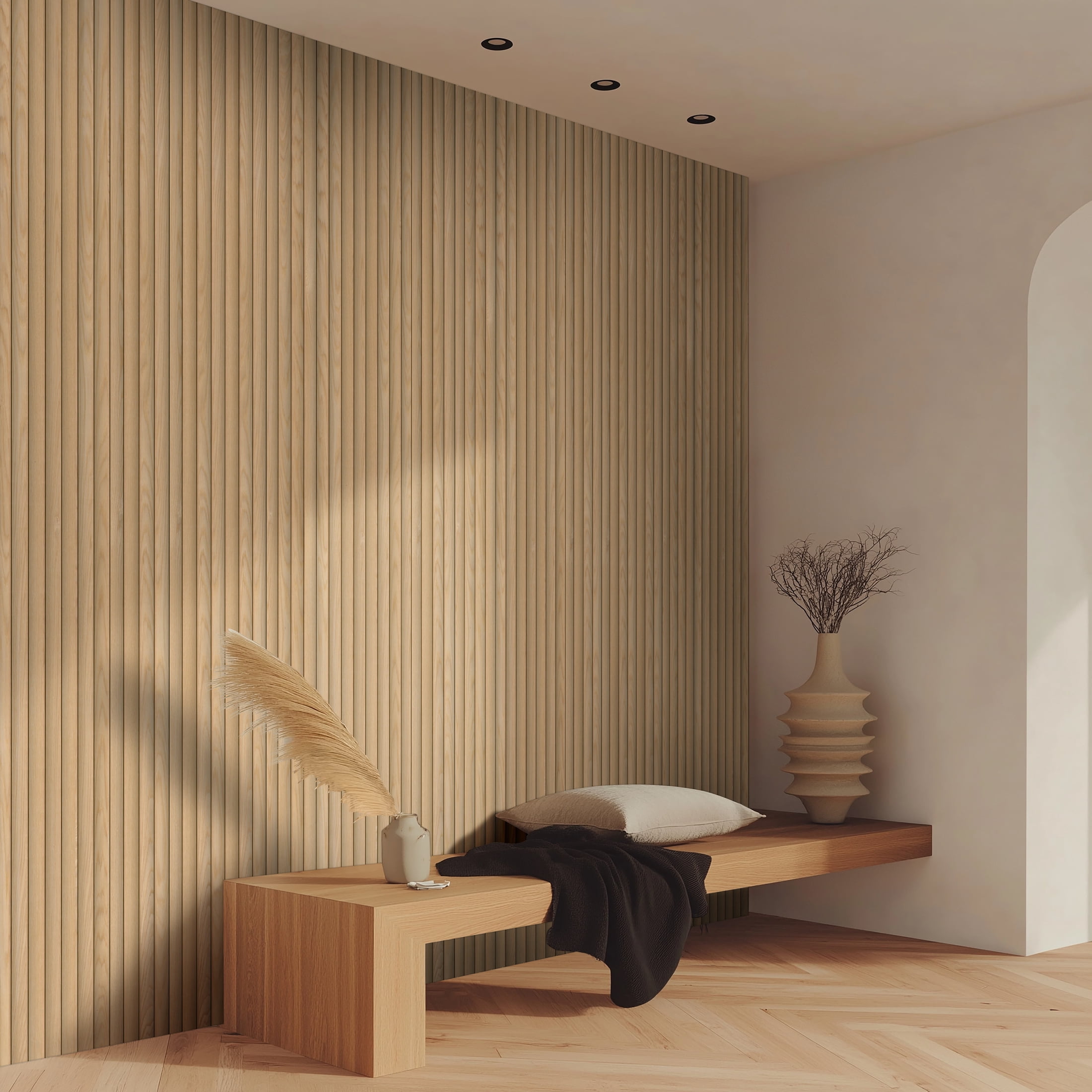 MSI 94.5 in. x 9.5 in. Natural 3D Fluted Wood Slat Acoustic Sound Absorbing Wall Paneling (Set Of 4)