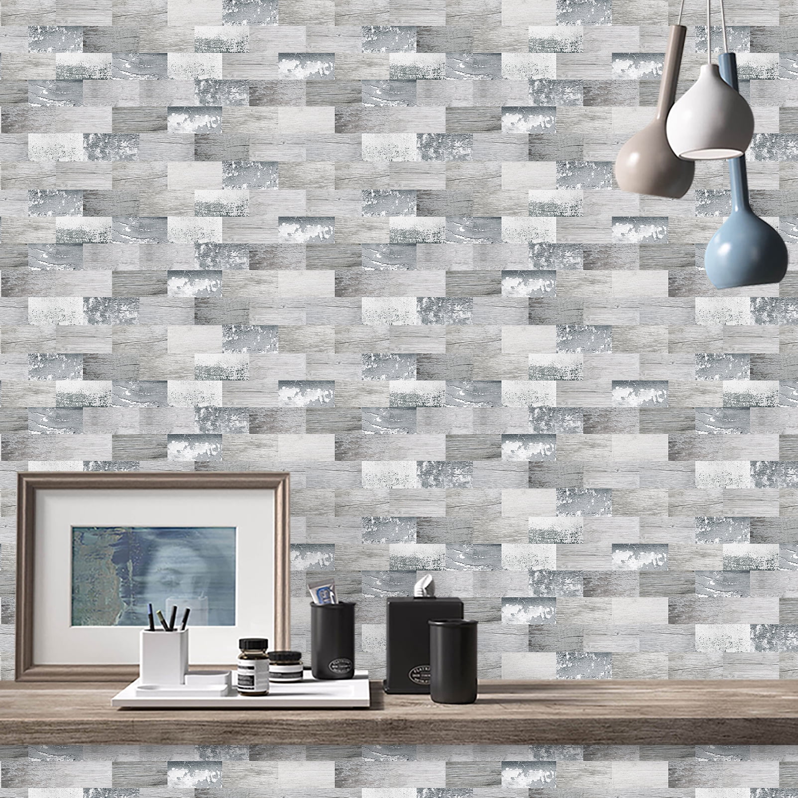 DEWOO 10-Sheet Peel and Stick Backsplash Wall Tile Self Adhesive, Stickon Tile for Kitchen Backplash, Bathroom Vanities, Fireplace Decor, Laundry Table, Stair Decals in Spruce Grey Rustic