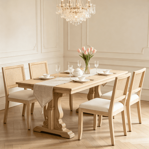 Set of 2 Mid-Century Modern Farmhouse Rattan Dining Chairs, Beige Cane Low Back, Natural Solid Wood Frame