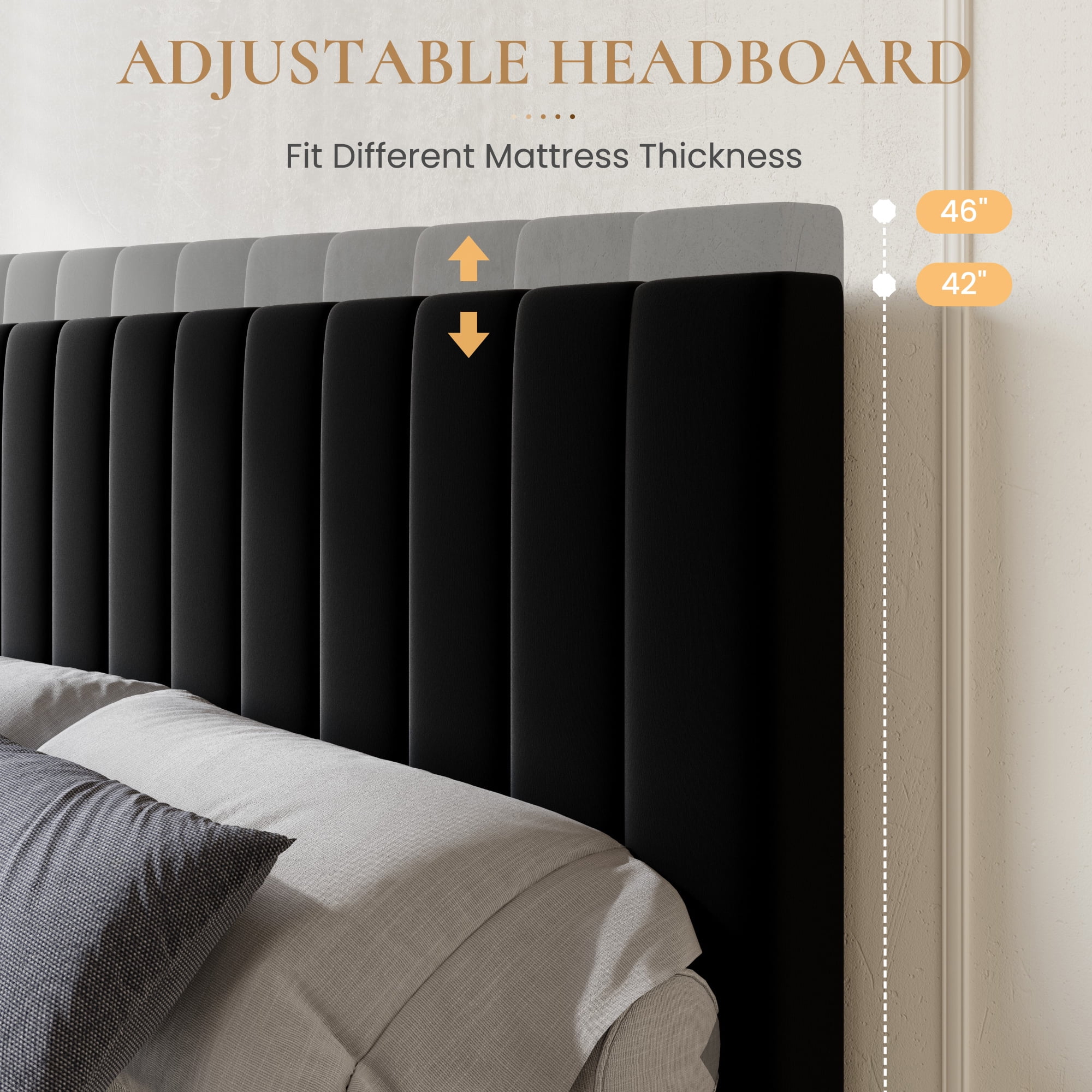 SHA CERLIN Full Size Platform Bed Frame with 4 Storage Drawers, Vertical Channel Tufted Adjustable Headboard, Velvet Upholstered, Wooden Slats Support, No Box Spring Needed, Black