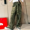 thumbnail image 4 of YONGHS Girls Kids Casual Jogger Sweatpants Loose Cargo Pants Trousers Hip Hop Jazz Street Dancewear Army Green 4-5, 4 of 6