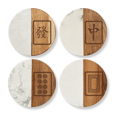 Set of 4 Drink Coasters with Holder Gift Mahjong Tiles Collection (Acacia Wood & Marble)