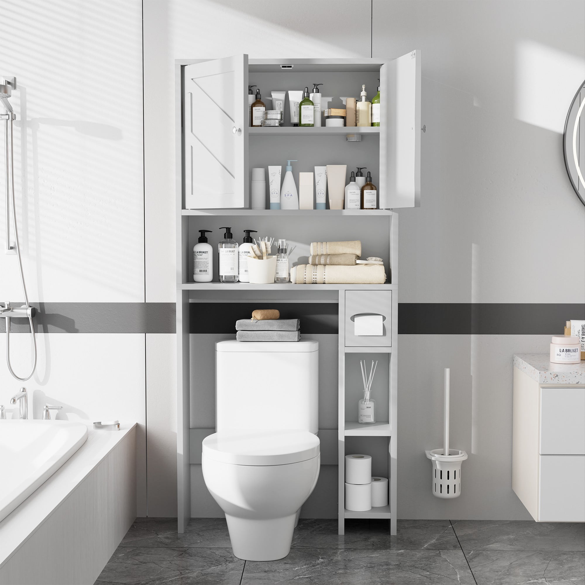 Walsunny Over the Toilet Storage Cabinet with Doors Side Storage Toilet Paper Holder Stand Space Saver Shelf Organizer Rack Freestanding for Restroom Bathroom Laundry White