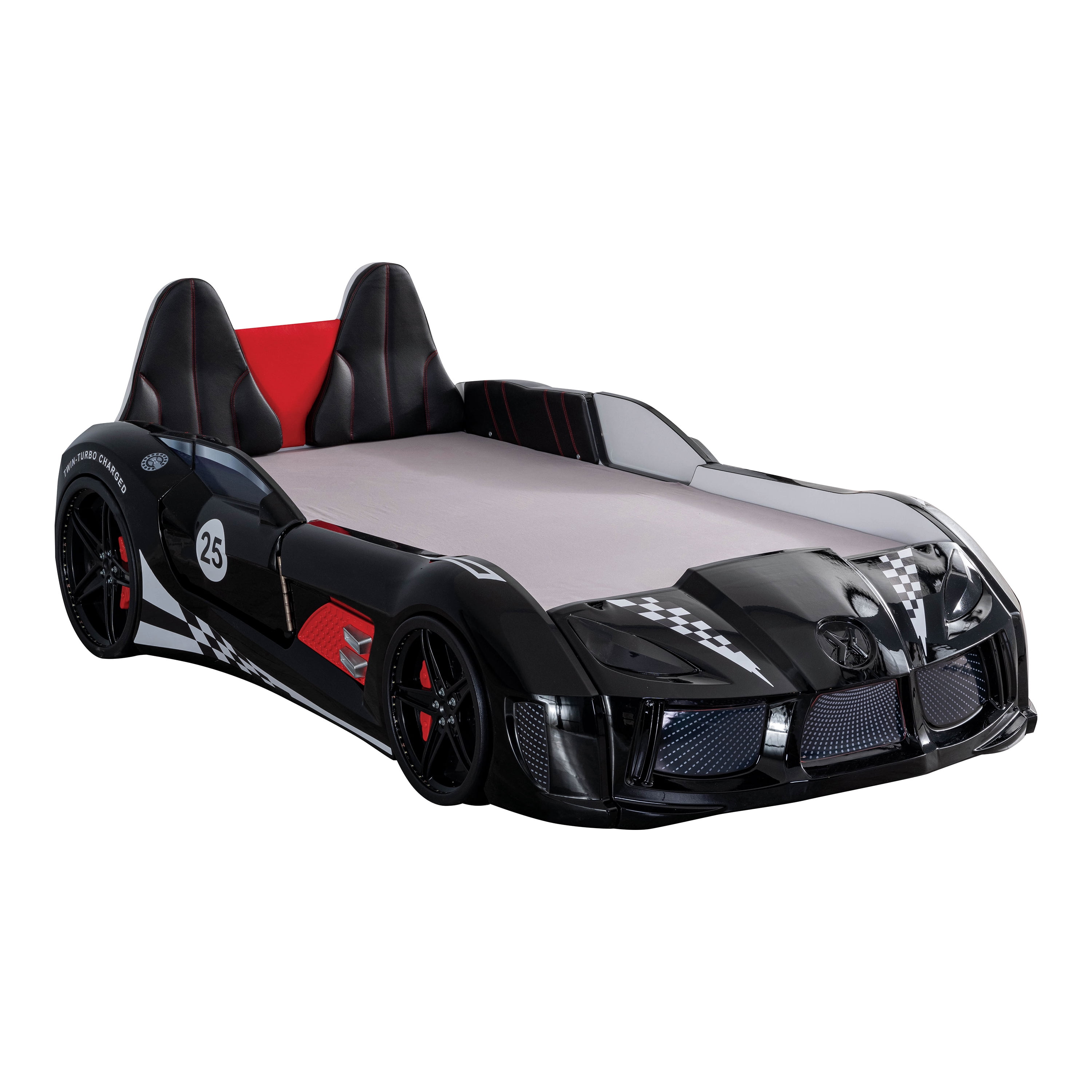 Furniture of America Dash Kids Plastic Twin Race Car Bed with LED and Sound, Black