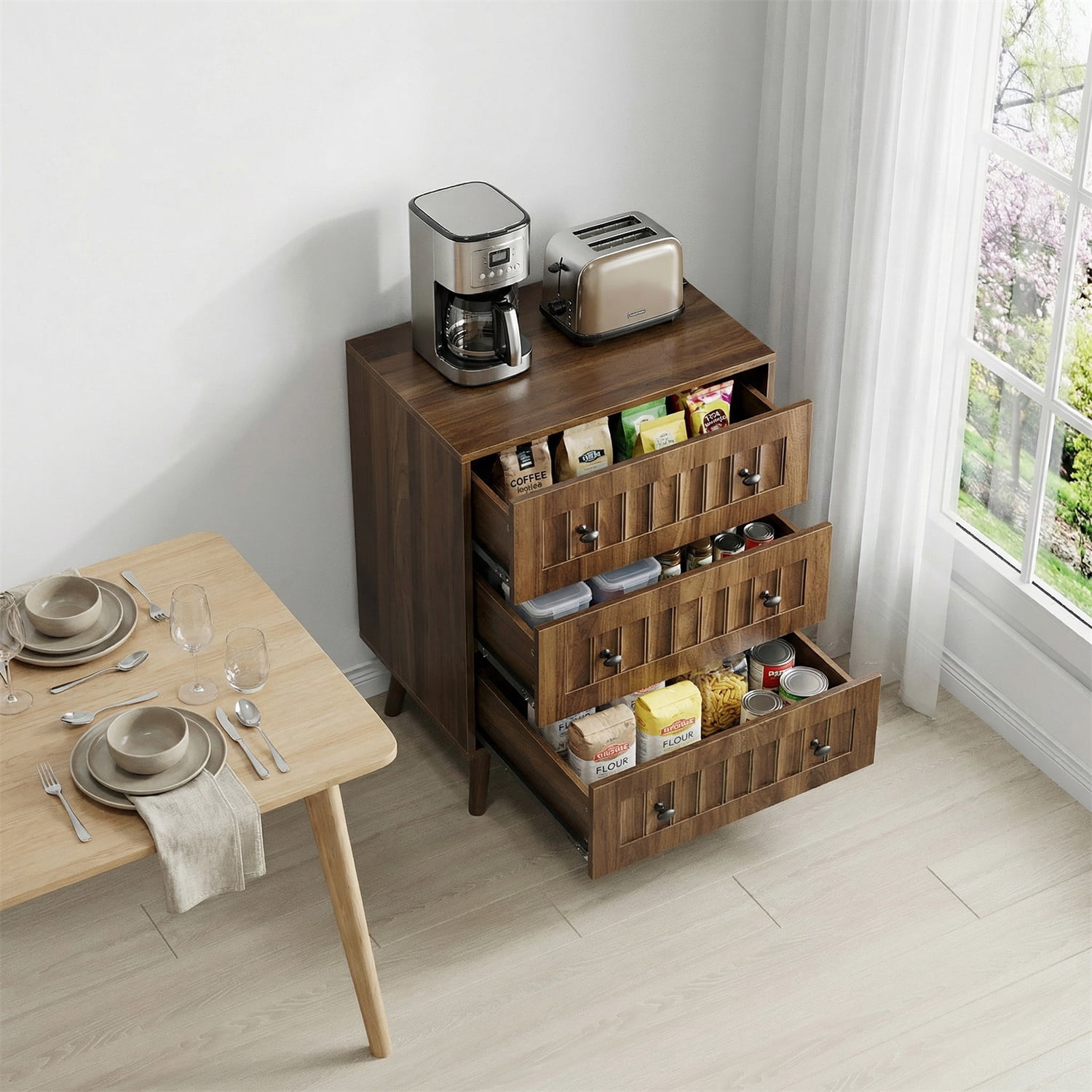 Hommoo Modern 3-Drawer Dresser, Wooden Dresser Storage Cabinet Chest of Drawers, for Living Room, Bedroom, Walnut