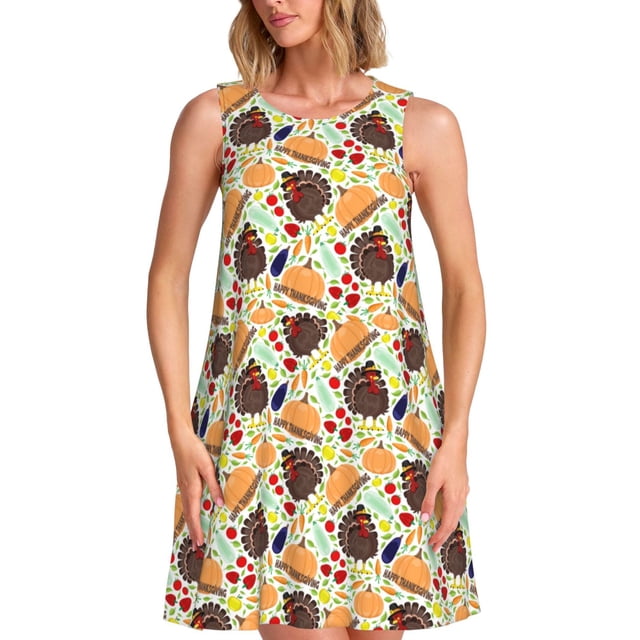 Bixox Robe Sans Manches Imprimée pour l'Action de Grâce pour Femmes avec Poches, Robe Décontractée Longueur Genou pour l'Été-Grand