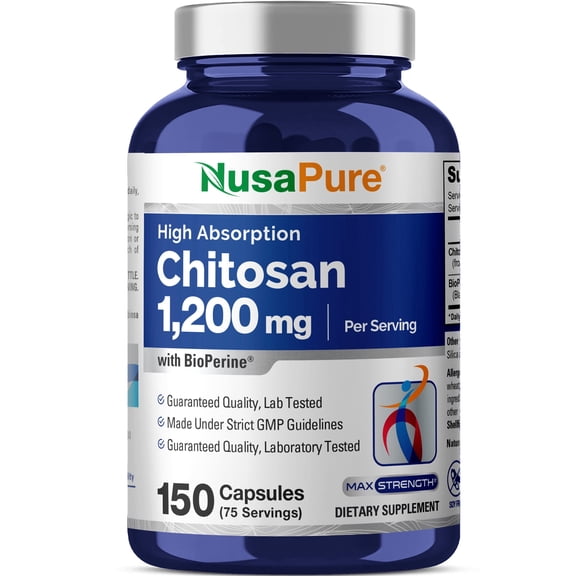 NusaPure Chitosan 1200mg, 150 Capsules - Non-GMO, Soy Free, Dietary Supplement for Unisex Adult Health & Wellness
