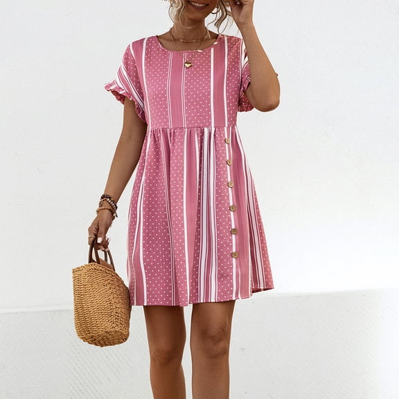 Women's Floral Printed Dress, Short Sleeve Midi Dress, Casual Summer Polyester Dress
