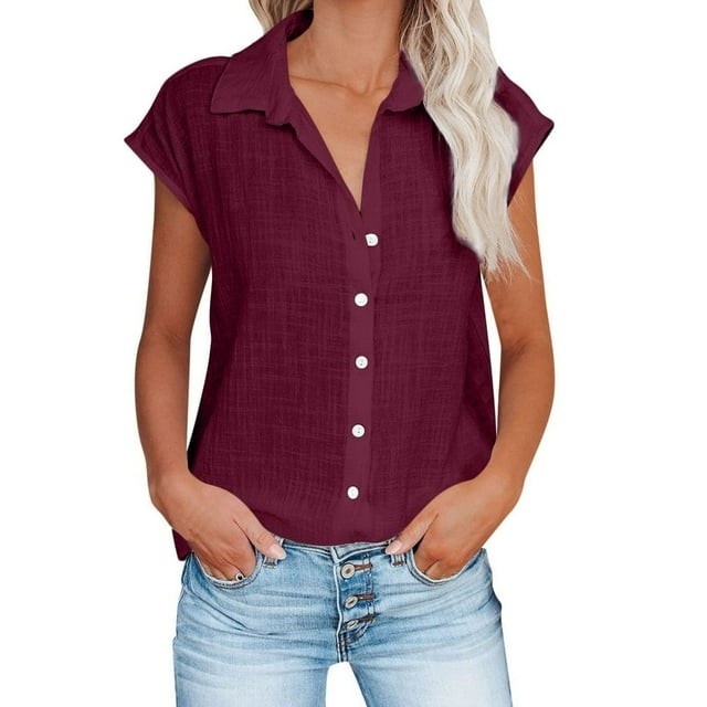 CHOK Linen Shirts for Women Button down Short Cap Sleeve Blouse Loose Comfy Fitted V Neck Collared Causal Basic Shirts for Work (Large Light Blue 49)