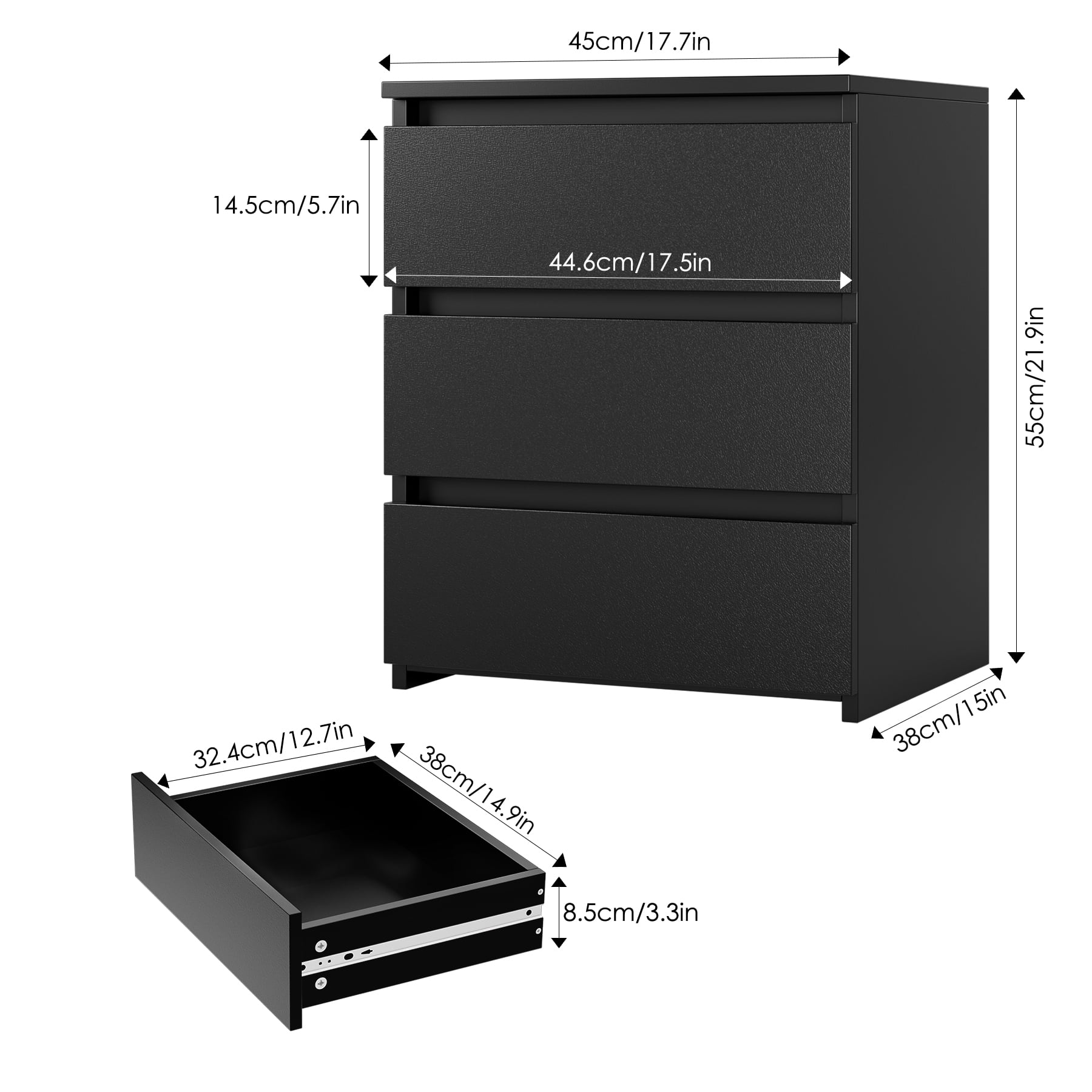 Homfa 3 Drawers Nightstand, Small Sofa Table, Wooden Storage Cabinet for Living Room, Black Finish