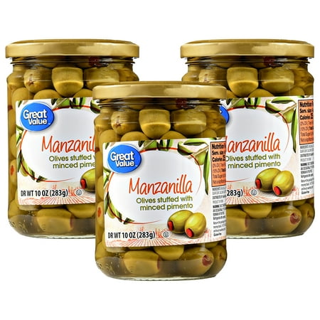 Olive Trolley - (3 Pack) Great Value Manzanilla Olives Stuffed with Minced Pimiento, 10 oz