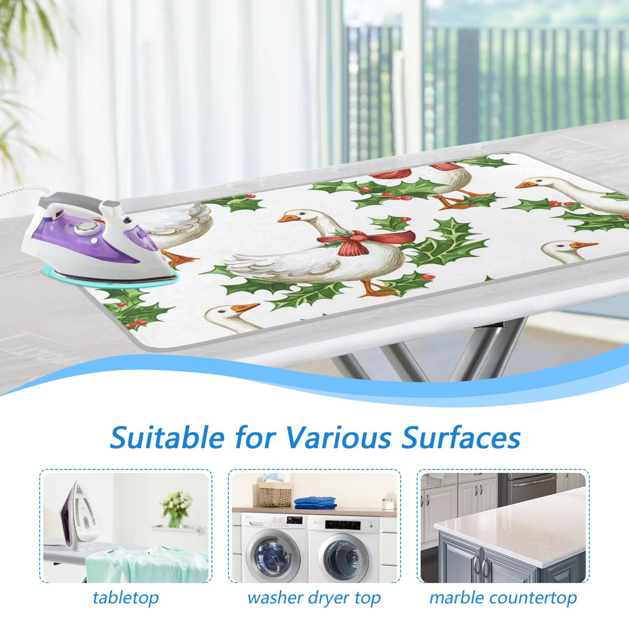 Geese in Christmas Leaves Ironing Mat Blanket Portable Travel Ironing Pad Heat Resistant Pad 47.2" x 27.6”