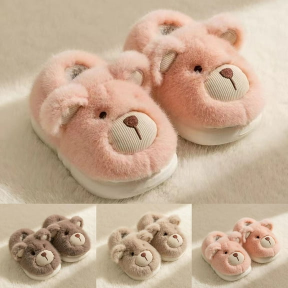 Hpapadks Boys Slippers Cozy Winter Soft Bear Indoor Warm Home Shoes Comfortable Ons Shoes for Girls Beige