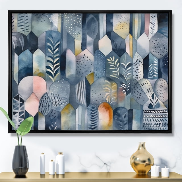 Designart Abstract Geometric framed wall art decor, Geometric framed wall art, Endless Blue and White Geometry I , Blue Modern black framed wall art, 20x12 inches black frame