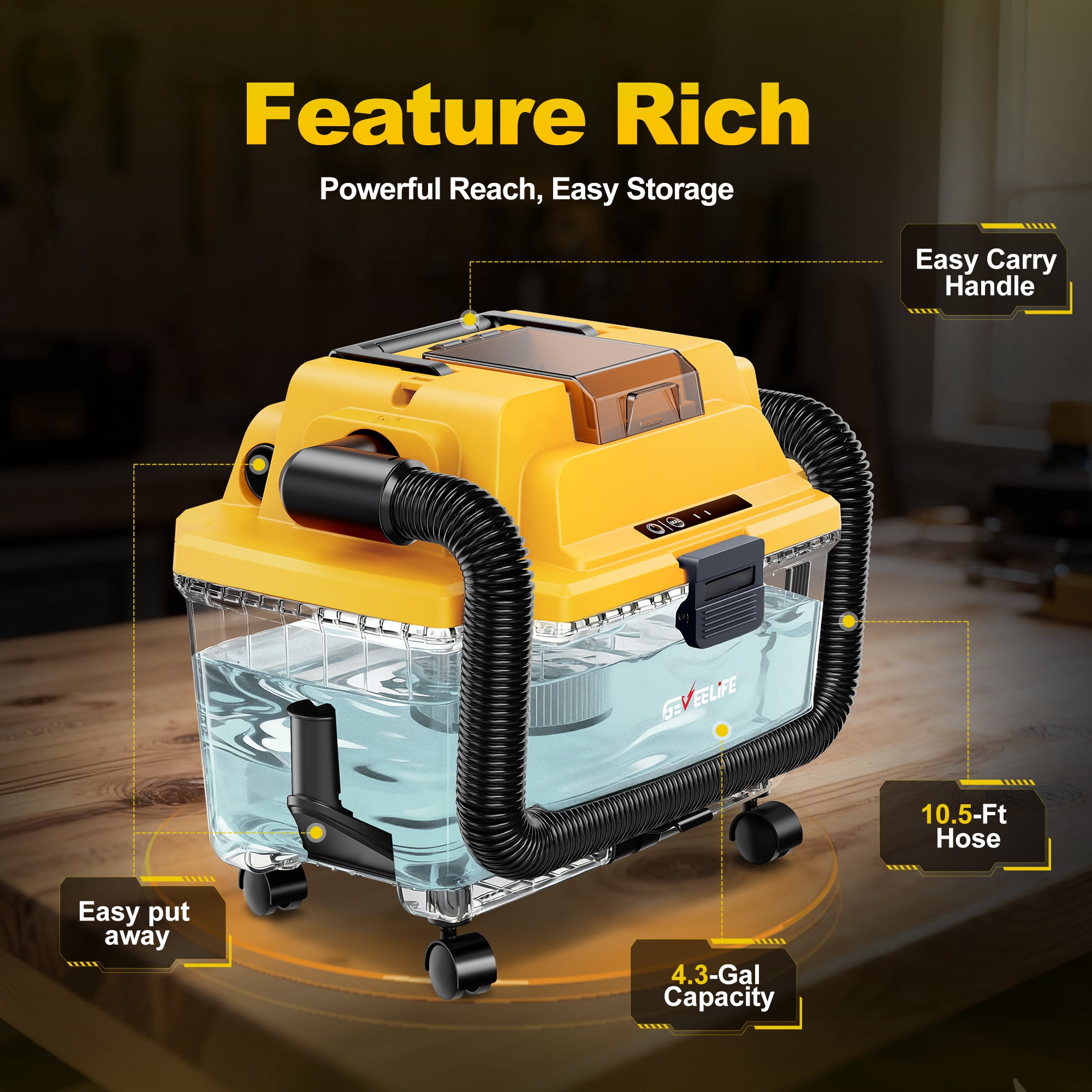 Cordless Wet Dry Vacuum, 4.3 Gallon Shop Vac with 5.0Ah Battery and HEPA Filter, 3-in-1 Cleaner with Strap and Wheels for Garage, Car, Workshop