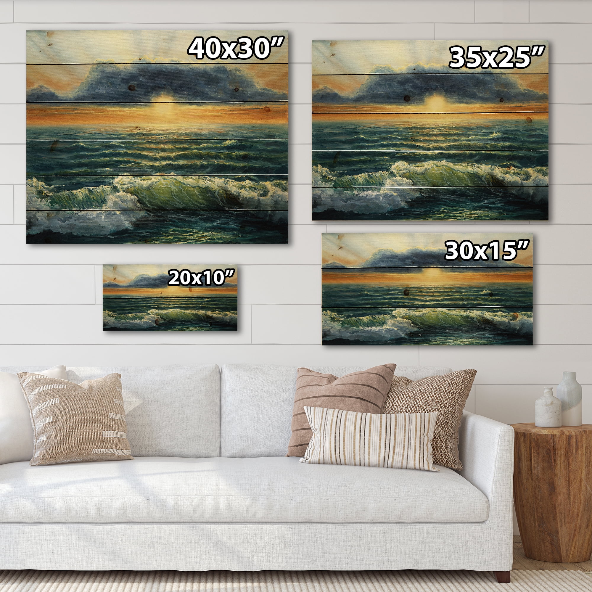 Designart 'The Blue Ocean In Sunset Evening I' Nautical & Coastal Print on Natural Pine Wood