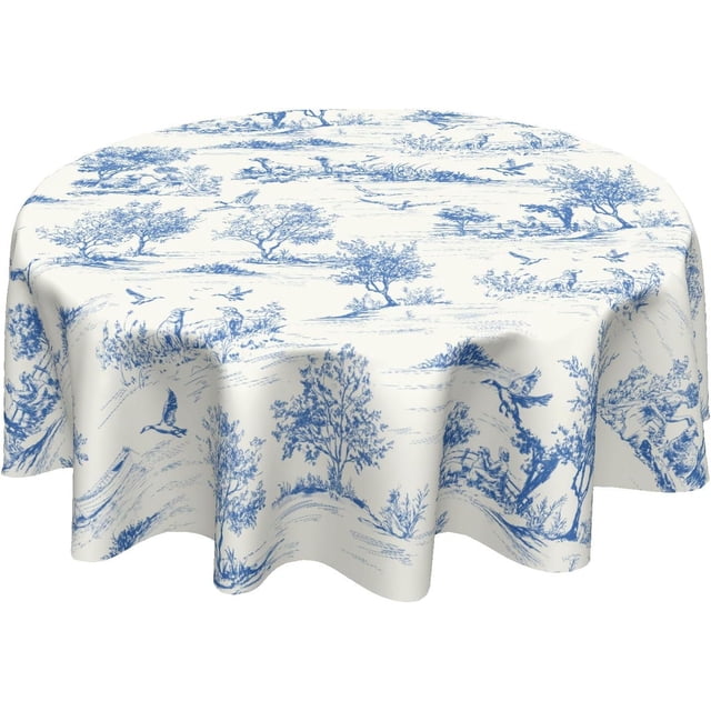 Nappe Campagnarde Française Ronde Vintage Toile Bleue Nappes Cercle Rustique Classique Village Housse de Table Lavable Essuyable Polyester Dessus de Table Vacances pour Salle à Manger Cuisine Pique-Nique Fête Déco 60 Pouces