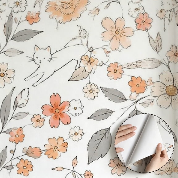 Cute Cat Floral Pattern Wallpaper, Minimalist Aesthetic Boho Floral peel and stick wallpaper, waterproof, Home Decor for Bedroom, Living Room, Bathroom, Drawer, Dorm Room [17.7 * 118 in]