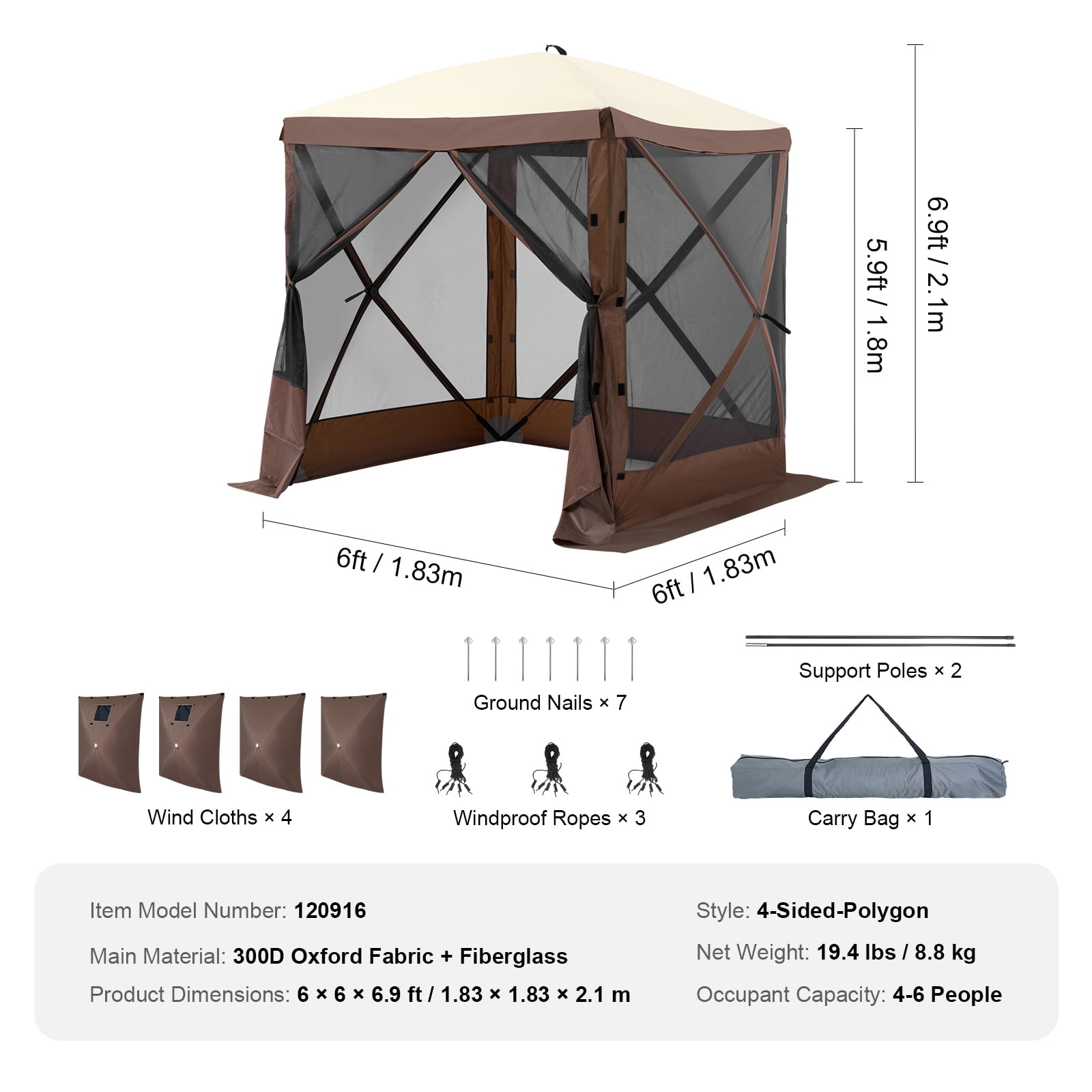 KFFKFF Pop-Up Canopy Gazebo 6 x 6 FT, 4-Side Screen Canopy with Detachable Wind Panels & Mesh Windows, Outdoor Canopy Tent Screen House with Bug Netting, Brown