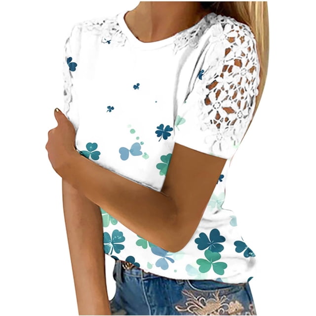 Camisas de Manga Corta para las Mujeres Impresión Cuello Redondo Suéter Encaje Blusa, Top Casual para el Hogar Y Diario