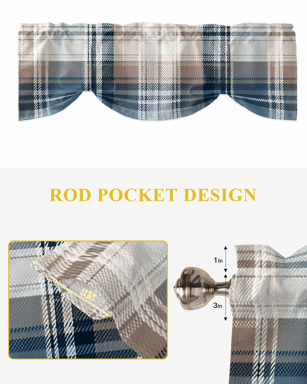 Vintage Plaid Tie Up Valances Curtain, Adjustable Kitchen Blue Brown White Plaid Texture Cotton Valances for Windows Decor, Rod Pocket Short Curtains Set for Bedroom/Bathroom, 60"x18"