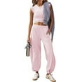 thumbnail image 2 of Pimfylm Women's 2 Piece Set Summer Outfits Lounge Sets Ruched Short Sleeve Tops High Waisted Wide Leg Pants Tracksuit Sets Pink, S, 2 of 9