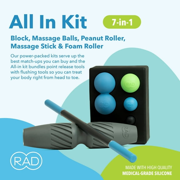 RAD All-in Kit – Foam Roller Set for Whole Body Massage & Myofascial Release – 7-in-1 Kit with Roller Stick, Yoga Block, Massage Balls