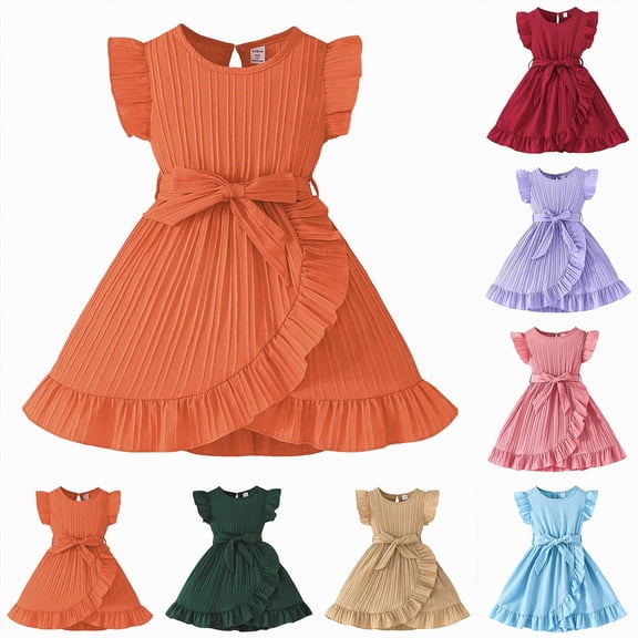 mgoYE Girl Dresses Size 7-8 Girls Summer Dresses Cute Ruffle Sleeve Flowy Dress(Red,7-8 Years)