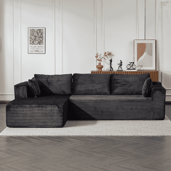 Resenkos Compression Sectional Couch with Chaise, L Shape Sleeper Sofa, Modular Deep Seat for Living Room, Corduroy - Black
