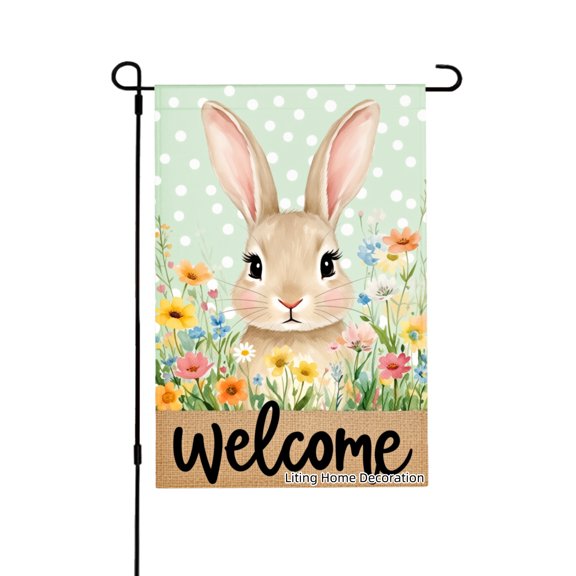 Welcome Bunny Garden Flag With Flowers And Polka Dot Background For Home Outdoor Garden Yard Decor 12x18 Inch