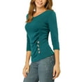 thumbnail image 4 of DARING DIVA V Neck Knitted Buttons Decor Ruched Blouse Top M Blue Green, 4 of 7