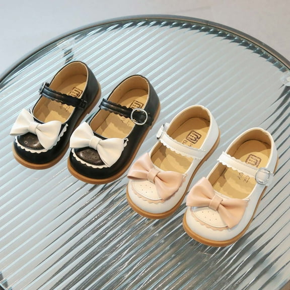 YUGYXL Girls Dress Shoes Glitter Mary Jane Flat with BowLow Heel Party Wedding Princess Shoes Toddler Little Kids Big Kids Beige,15-18 Months