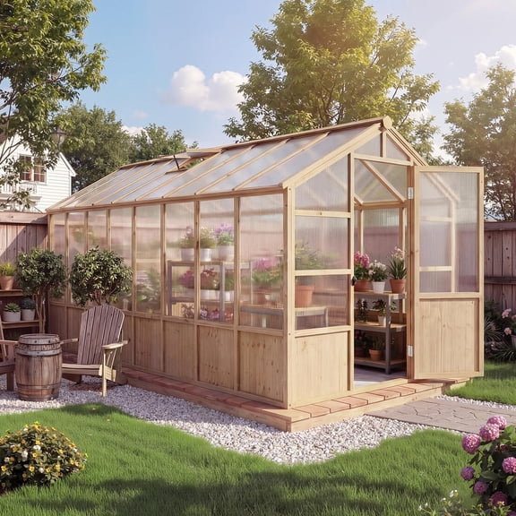16x8ft Large Wooden Walk-in Greenhouse Kit for Outdoors, Heavy Duty Fir Wood Frame with Polycarbonate Panels & Ventilated Window for Patio Garden Backyard